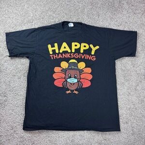 Port Co. Shirt Mens XL Happy Thanksgiving Turkey Black Tee Crew GUC Short Sleeve